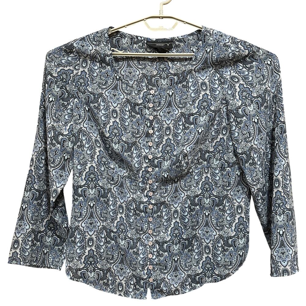 Venezia Button Up Blouse Size 14 Blue Paisley Long Sleeve Boho Bohemian Cottage